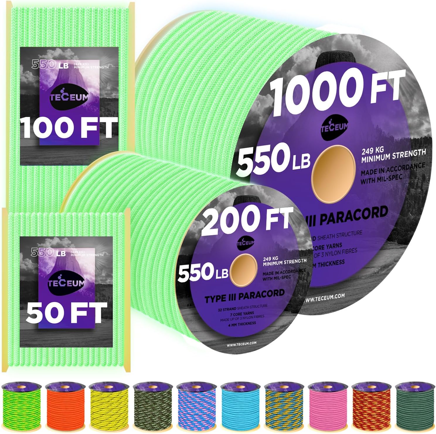 Para Cord 1000Ft - Reflective Paracord Rope 1000ft/200ft/100ft/50ft - Glow
